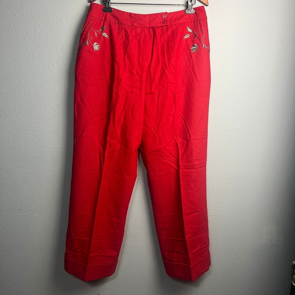 Vtg Harve Benard Red Wool Blend Embroidered High‎ Waist Lined Trousers Size 16